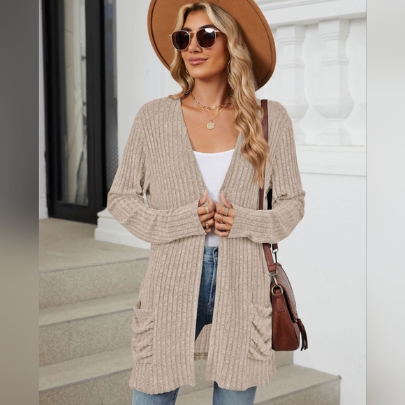 Khaki Ribbed Open-Front Cardigan